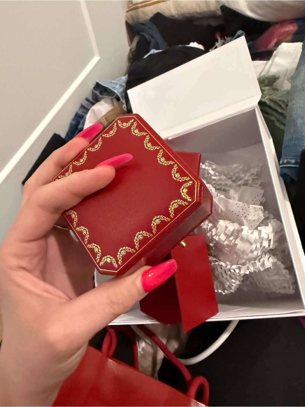 Cartier Red Jewelry Box with Gold Detailing